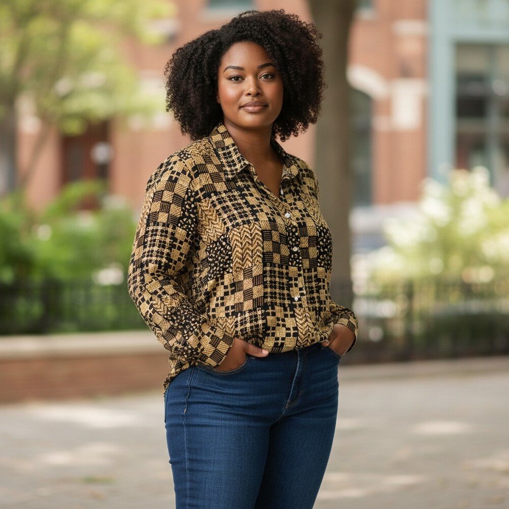 Boho Geometric Button Front Blouse Plus Size 16W Retro Print